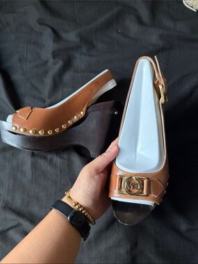 Michael Kors Tan Leather Platform Wedge Sandals with Gold MK Accent